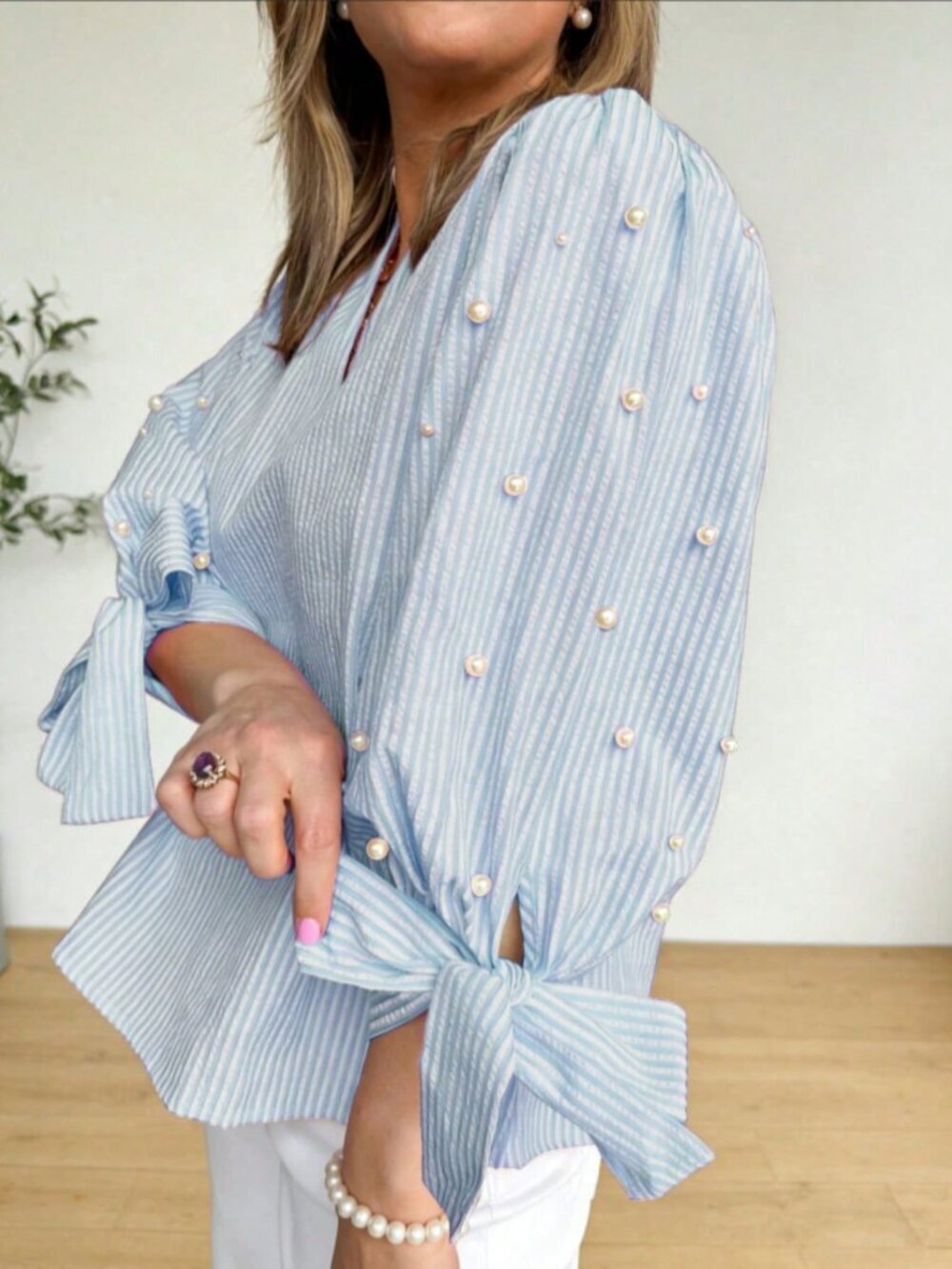 Baby Blue Elegant Casual Women's Pearl Decor Bow Tie Striped Blouse